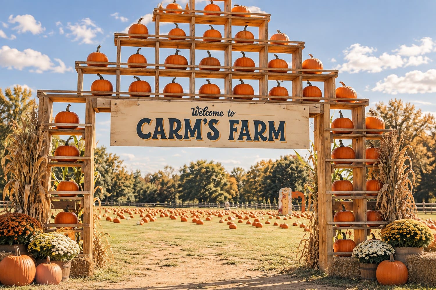 Pumpkin-covered welcome arch at Carm's Farm in Colts Neck, NJ