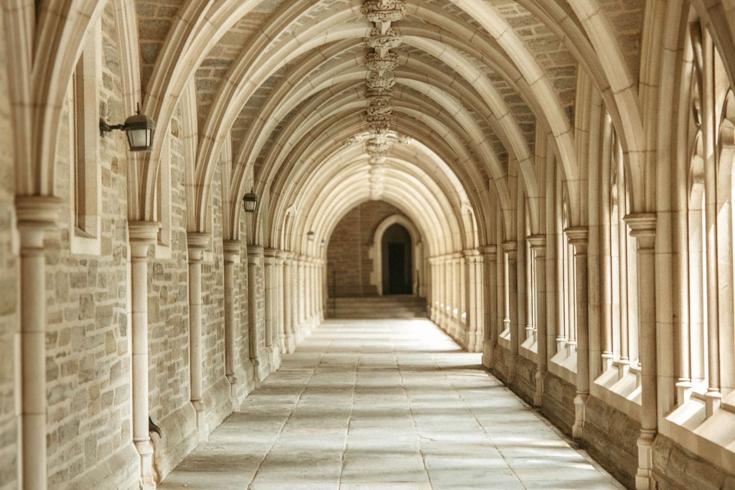 Gothic cloister walkway at Rockefeller College, Princeton University